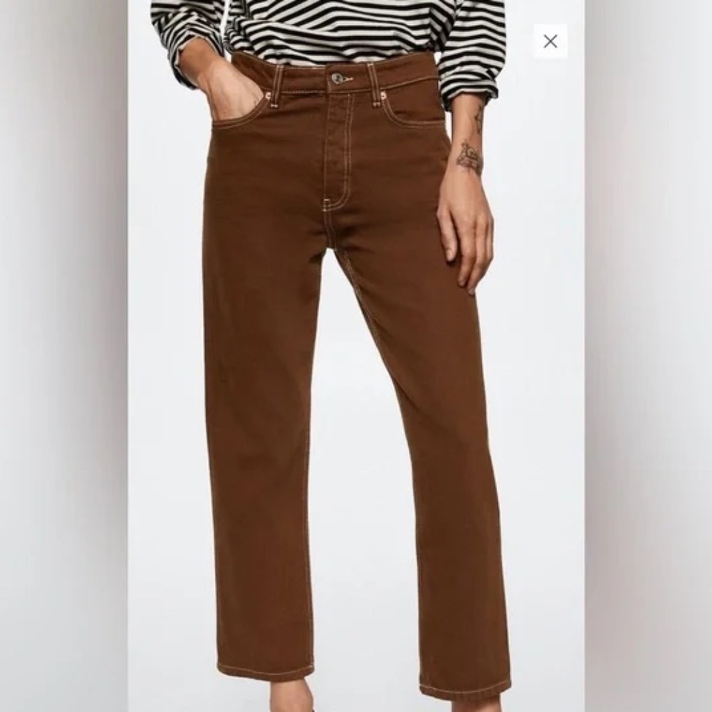 MANGO women's brown Havana high-rise cropped straight leg jeans